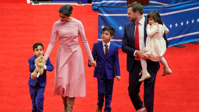 Second lady Usha Vance and Vice President JD Vance with their three children at the Presidential Inauguration parade event in Washington, Monday.