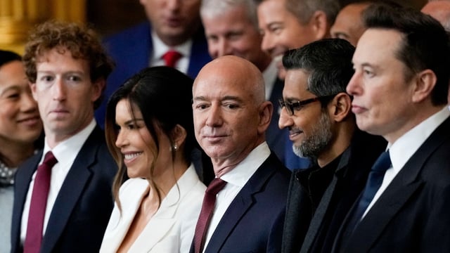 Mark Zuckerberg, chief executive officer of Meta Platforms Inc., from left, Lauren Sanchez, Jeff Bezos, founder of Amazon.com Inc., Sundar Pichai, chief executive officer of Alphabet Inc., and Elon Musk, chief executive officer of Tesla Inc., during the 60th presidential inauguration in the rotunda of the US Capitol in Washington, DC, US, on Monday, Jan. 20, 2025.