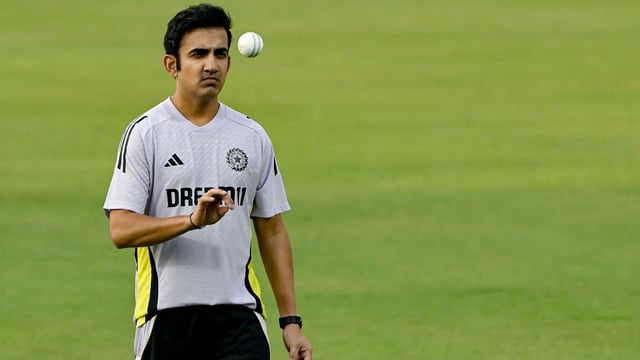 India's coach Gautam Gambhir attends a practice session ahead of their first Twenty20 international cricket match against England at the Eden Gardens in Kolkata on January 19
