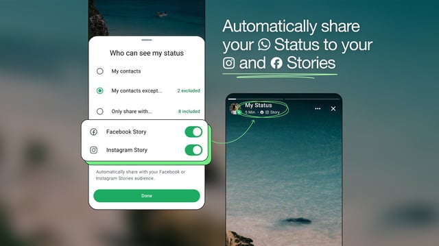 Two screens showing option to cross post WhatsApp status to IG or FB