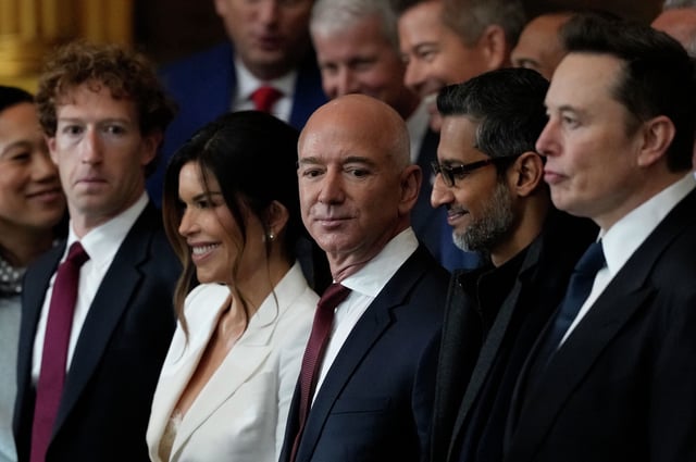 Guests including Mark Zuckerberg, Lauren Sanchez, Jeff Bezos, Sundar Pichai and Elon Musk attend the inauguration of Donald Trump in the U.S. Capitol Rotunda in Washington on Jan. 20, 2025. 