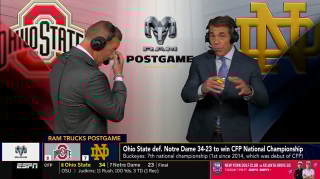 Kirk Herbstreit becomes emotional during an ESPN segment after Monday's national championship game.