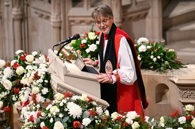 TOPSHOT - Rt. Rev. Mariann Edgar Budde speaks during the National Prayer Service at the Washington National Cathedral in Washington, DC, on January 21, 2025. (Photo by Jim WATSON / AFP) (Photo by JIM WATSON/AFP via Getty Images)