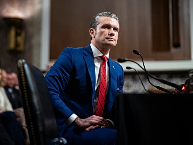 Washington, DC - January 14 : Pete Hegseth, President-elect Donald Trump's choice to be Defense secretary, appears during a Senate Armed Services Committee confirmation hearing on Capitol Hill on Tuesday, Jan 14, 2025 in Washington, DC. (Photo by Jabin Botsford/The Washington Post via Getty Images)