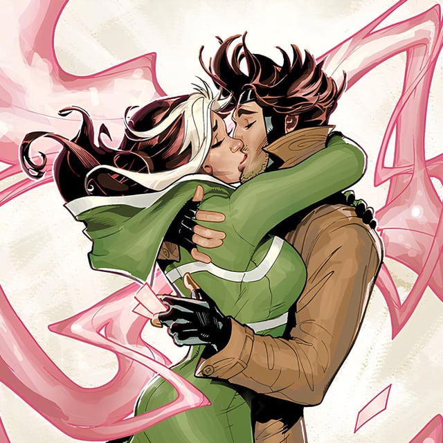 Rogue (L) and Gambit (R), from Marvel's X-Men, kissing.