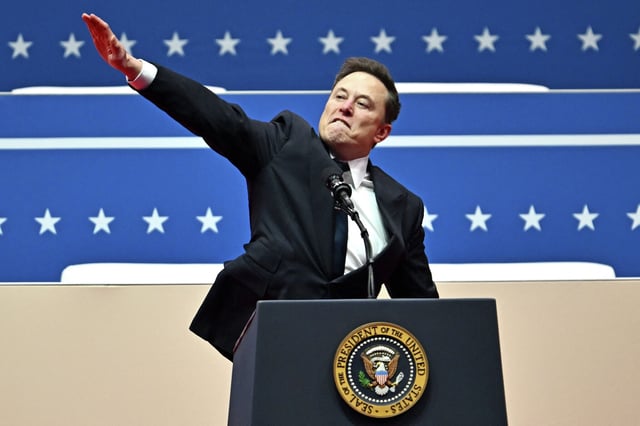 Elon Musk, the CEO of Tesla and SpaceX and the owner of X, gestured with his arm out and palm down during the inaugural parade inside Capital One Arena in Washington, D.C., on Jan. 20, 2025. Neo-Nazis online quickly celebrated the move.