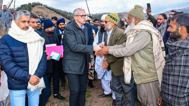 Jammu and Kashmir Chief Minister Omar Abdullah during his visit to Budhal village, where 16 died due to a mysterious illness, in Rajouri on Tuesday.

