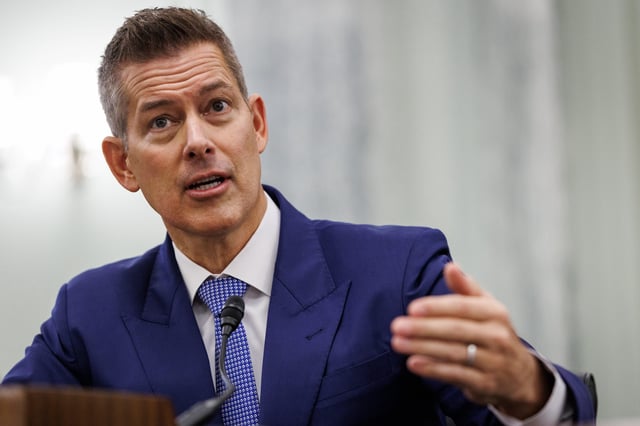 Sean Duffy, U.S. President-elect Donald Trump's nominee for Secretary of Transportation, testifies before the Senate Commerce, Science, and Transportation Committee during his confirmation hearing in the Russell Senate Office Building on January 15, 2025.