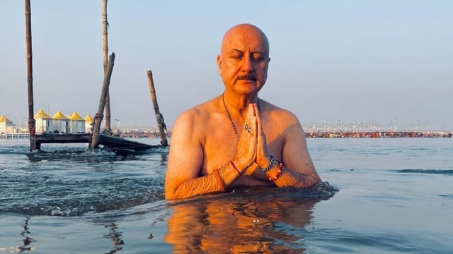 Anupam Kher taking dip at Sangam, Parayagraj, during the ongoing Mahakumbh, on Wednesday.