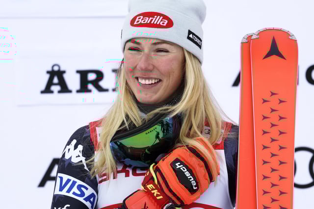 Mikaela Shiffrin celebrates after winning a giant slalom race during the women's World Cup in Are, Sweden, on Mar. 10, 2023.