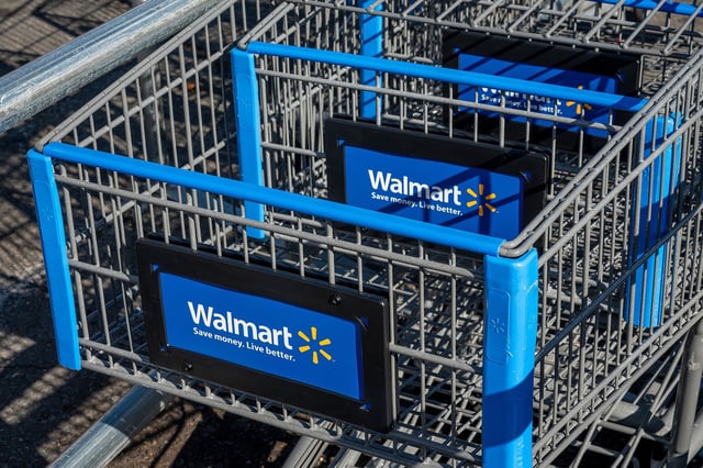 Shopping carts outside a Walmart store in California.