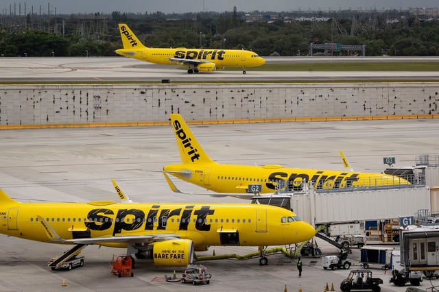 Spirit Airlines airplanes at Fort Lauderdale-Hollywood International Airport (FLL) in Fort Lauderdale, Florida, US, on Tuesday, Oct. 24, 2023. Spirit Airlines Inc. is scheduled to release earnings figures on October 26. Photographer: Eva Marie Uzcategui/Bloomberg via Getty Images