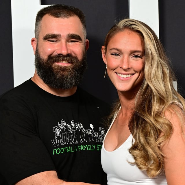 Jason Kelce and Kylie Kelce attend Thursday Night Football Presents The World Premiere of "Kelce" in Philadelphia, Pennsylvania.