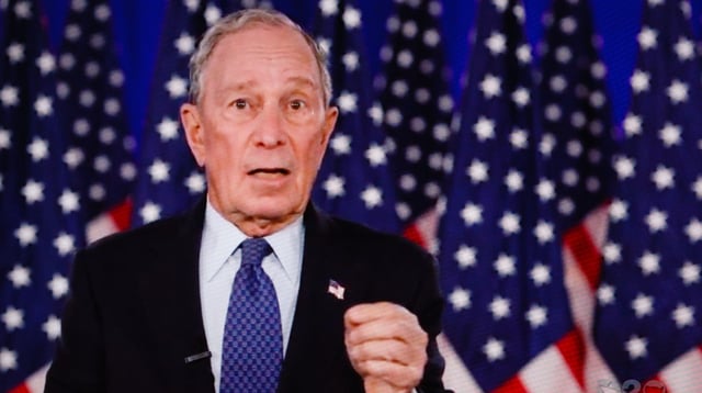 Former New York City Mayor Michael Bloomberg addresses the virtual 2020 Democratic National Convention, livestreamed online and viewed by laptop on August 210, 2020, (David Cliff/NurPhoto via Getty Images)