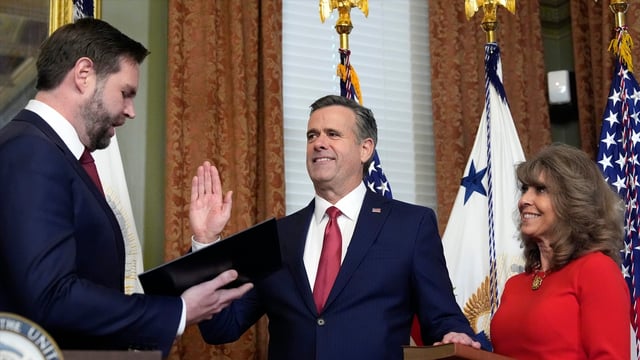 Vice President JD Vance swears in John Ratcliffe as CIA Director as his wife Michele holds the Bible