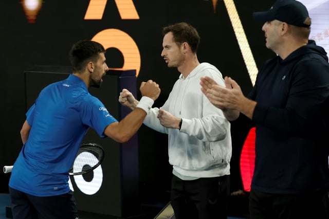 Novak Djokovic (left) celebrates his victory over Carlos Alcaraz with Andy Murray