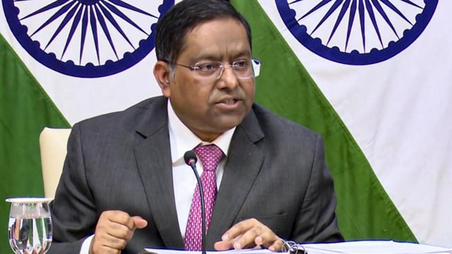 Ministry of external affairs official spokesperson Randhir Jaiswal addresses a press conference in New Delhi on Jan 24. (PTI)