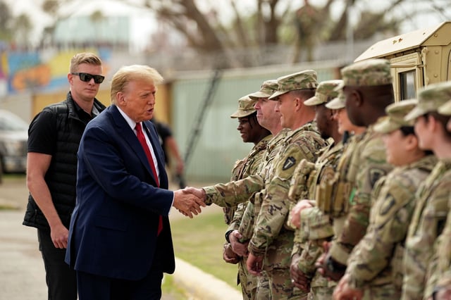 As a candidate in 2024, Donald Trump greets Texas National Guard soldiers stationed in Eagle Pass as part of Gov. Greg Abbott&#39;s border security initiative. After being sworn in to a second term as president this week, Trump ordered Army soldiers and Marines to the border to confront what he called a national emergency.