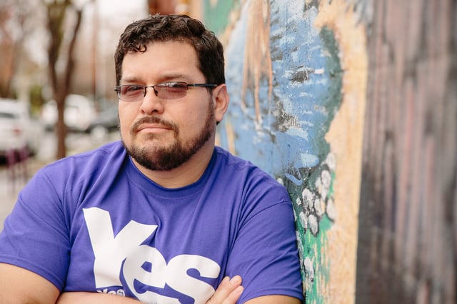 Photos of Marcus Ruiz Evans of The Yes California Independence Campaign talking to Washington Post reporter. Evans has been fighting for secession for years, and finally feels validated by the anti-Trump movement that has reignited the move to secede.