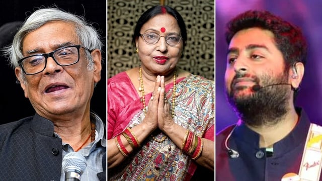 (L-R): Bibek Debroy was posthumously awarded the Padma Vibhushan, Sharda Singh has been posthumously awarded the Padma Vibhushan and singer Arijit Singh has been awarded the Padma Shri.