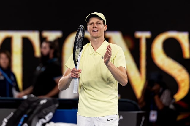 Jannik Sinner celebrates during his match against Ben Shelton in the semifinals.