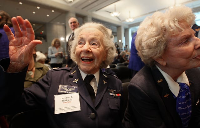 Pilot Lorraine Rodgers of Alexandria, Virginia attends a Congressional Gold Medal ceremony at the US Capitol on March 10, 2010 in Washington, DC. The ceremony was held to honor the Women Air Force Service Pilots (WASP) of WWII. The WASP was a pioneering organization of civilian female pilots employed to fly military aircrafts under the direction of the United States Army Air Forces during World War II.
