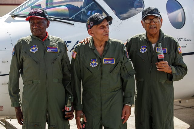 Three veterans of the famed Tuskegee Airmen fighter group, Theodore Johnson, Dr. Eugene Derricotte and James Bynum, were honored at Randolph Air Force Base in San Antonio in 2015.