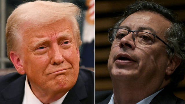 This combination of pictures shows US President Donald Trump in the Oval Office of the White House in Washington, DC, on January 20, 2025 and Colombian President Gustavo Petro in Mexico City on September 30, 2024.