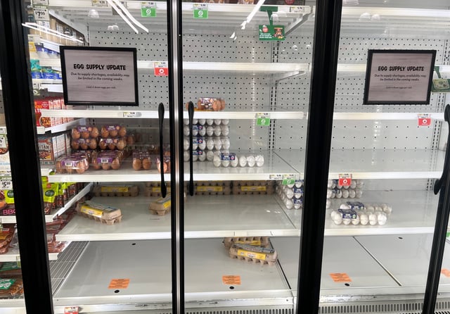 A sign indicates that, 'due to supply shortages, availability may be limited in the coming weeks', in the egg section of a grocery store on January 23, 2025 in Miami, Florida. Grocery stores across the nation are running short on eggs, and the situation may not improve for months. The avian influenza has killed as many as 17.2 million egg-laying hens, causing an egg shortage.