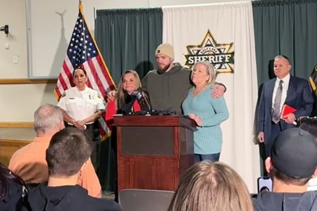 From left (of podium,) Niki Price, Andrew Royter, and Stephani Perschon, address the media after an arrest was made in the Jason Royter cold case, in South Salt Lake, Utah, on Friday.