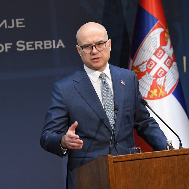 Serbian Prime Minister Milos Vucevic speaks during a press conference, where he announced his resignation, in Belgrade, Serbia, January 28, 2025. REUTERS/Amir Hamzagic