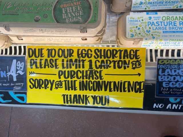 A sign at the Trader Joe’s at 750 North Colorado Blvd on Monday, Jan. 27, 2025, limiting one carton per purchase. (Photo by Jessica Alvarado Gamez/The Denver Post)