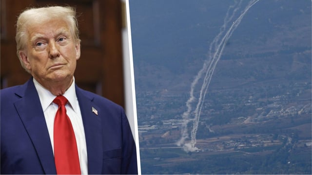 Link ist US-Präsident Donald Trump, trägt eine rote Krawatte und grinst, daneben sieht man die Rauchschwaden einer Rakete, die vom israelischen „Iron Dome“ -System auf eine Kurzstreckenrakete aus dem Libanon gefeuert wurde