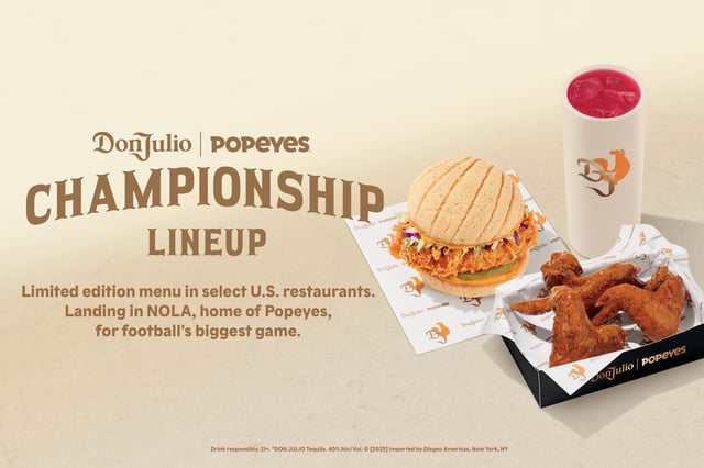 Popeyes and Tequila Don Julio announced Tuesday they have teamed up to create the Popeyes x Tequila Don Julio Championship Lineup menu.