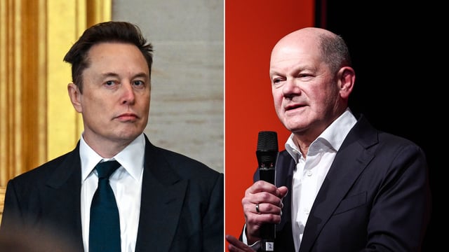 On Saturday, Musk (left) appeared virtually at an AfD campaign rally in the city of Halle. German Chancellor Olaf Scholz says he is no stranger to media owners intervening in his country's politics.