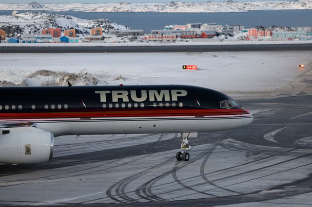 An aircraft alledgedly carrying US businessman Donald Trump Jr. arrives in Nuuk, Greenland on January 7, 2025. Donald Trump Jr&#39;s plane landed in Nuuk, Greenland, where he is making a short private visit, weeks after his father, US President-elect Donald Trump, suggested Washington annex the autonomous Danish territory.