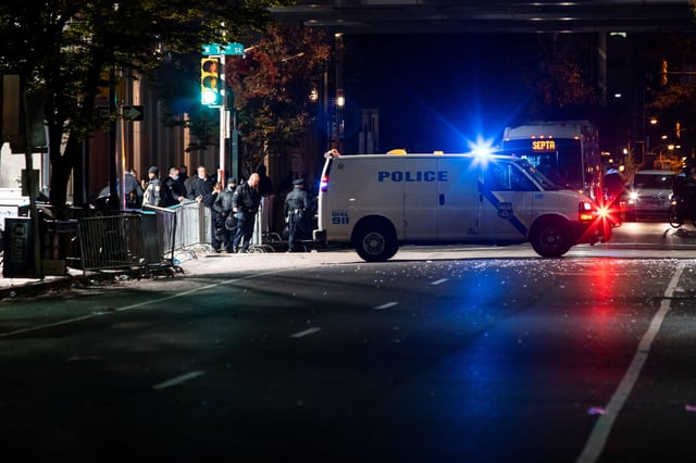 Philadelphia Police officers stand guard near Pennsylvania Convention Center in Philadelphia, Pennsylvania in November 2020.