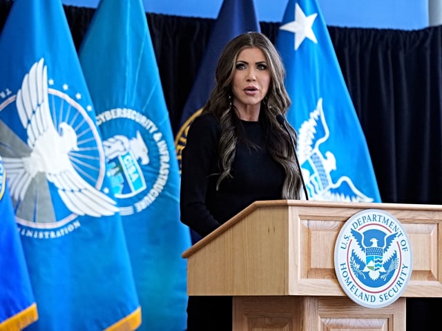 US Secretary of Homeland Security Kristi Noem speaks to staff for the first time at Department of Homeland Security (DHS) headquarters in Washington, DC, on January 28, 2025. (Photo by Manuel Balce Ceneta / POOL / AFP)