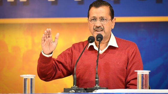 Aam Aadmi Party national convener Arvind Kejriwal addressing a press conference in New Delhi. 