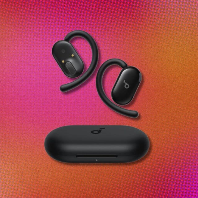 the Soundcore V20i open-ear headphones on a pink background