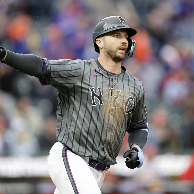 Pete Alonso #20 of the New York Mets celebrates his fifth inning two-run home run against the St. Louis Cardinals at Citi Field on April 27, 2024 in New York City.
