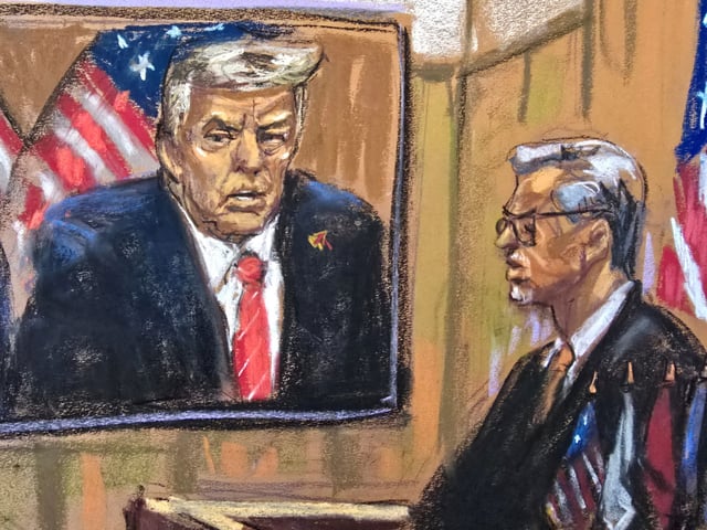 New York State Judge Juan Merchan sentences U.S. President-elect Donald Trump as he appears remotely in the criminal case in which he was convicted in 2024 on charges involving hush money paid to a porn star, at New York Criminal Court in New York City, U.S., January 10, 2025, in this courtroom sketch.