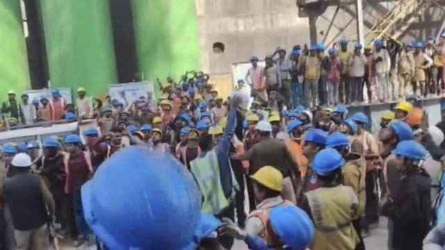 Workers gather after a slab collapse incident at a cement factory in Madhya Pradesh's Panna district. (PTI/Video screengrab)
