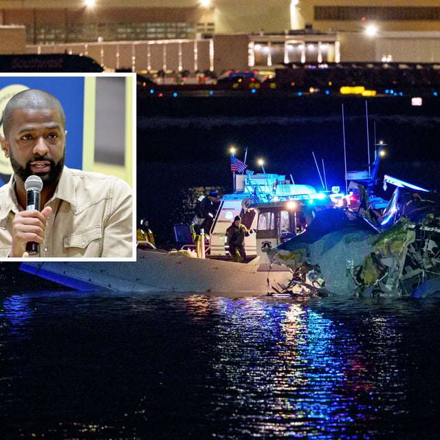 Emergency response units assess airplane wreckage in the Potomac River near Ronald Reagan Washington Airport on January 30, 2025, in Arlington, Virginia. Inset, CNN commentator Bakari Sellers attends the 2024 ESSENCE Festival Of Culture™ Presented By Coca-Cola® at Ernest N. Morial Convention Center on July 06, 2024, in New Orleans, Louisiana.