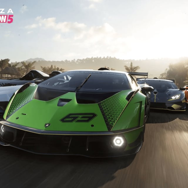 Various supercars in Forza Horizon 5 racing across an open road.