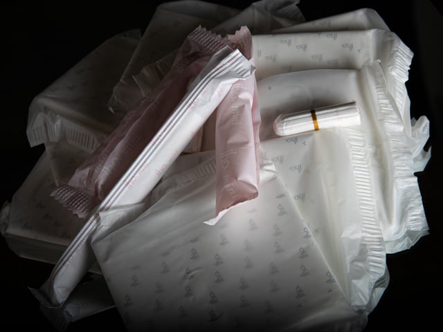 This photograph taken on April 25, 2023, in Courseulles-sur-Mer, shows panty liners, hygienic tampons, and sanitary pads. (Photo by Lou BENOIST / AFP) (Photo by LOU BENOIST/AFP via Getty Images)