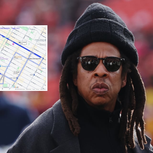 Jay-Z is seen on the field prior to a game between the Dallas Cowboys and the Washington Commanders at Northwest Stadium on November 24, 2024 in Landover, Maryland.
