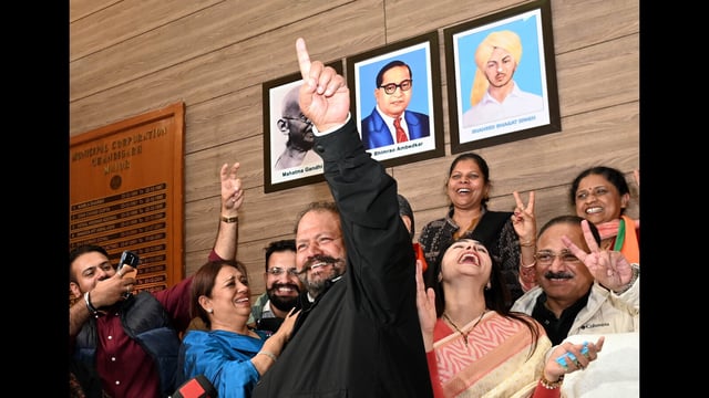 Newly elected mayor Harpreet Kaur Babla celebrating her win with her husband, Devinder Singh Babla, and others at MC office in Chandigarh on Thursday. (Ravi Kumar/HT)