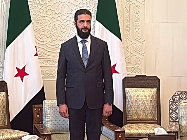 03 January 2025, Syria, Damaskus: Foreign Minister Annalena Baerbock (l-r) meets with the new Syrian ruler Ahmed al-Sharaa, with her French counterpart Jean-Noël Barrot on the right. Foreign Minister Annalena Baerbock makes a surprise visit to Syria around four weeks after the fall of long-term ruler Bashar al-Assad. Photo: Jörg Blank/dpa (Photo by Jörg Blank/picture alliance via Getty Images)