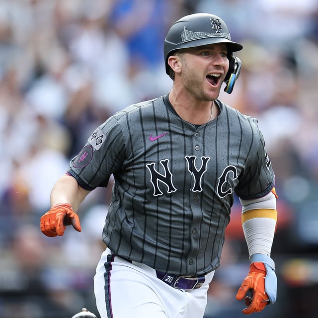 NEW YORK, NEW YORK - JUNE 29: Pete Alonso #20 of the New York Mets reacts after an an two-RBI single against the Houston Astros during the second inning at Citi Field on June 29, 2024 in the Queens borough of New York City.